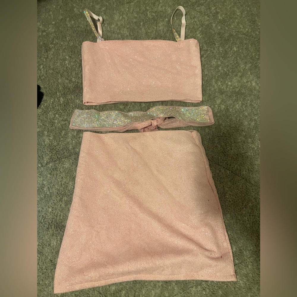 3 piece custom made pink sparkle crop top bodycon skirt set outfit fit